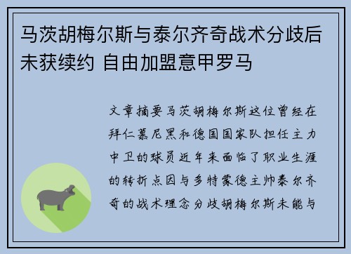 马茨胡梅尔斯与泰尔齐奇战术分歧后未获续约 自由加盟意甲罗马 马茨胡梅尔斯与泰尔齐奇战术分歧后未获续约 自由加盟意甲罗马