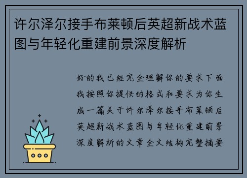 许尔泽尔接手布莱顿后英超新战术蓝图与年轻化重建前景深度解析 许尔泽尔接手布莱顿后英超新战术蓝图与年轻化重建前景深度解析